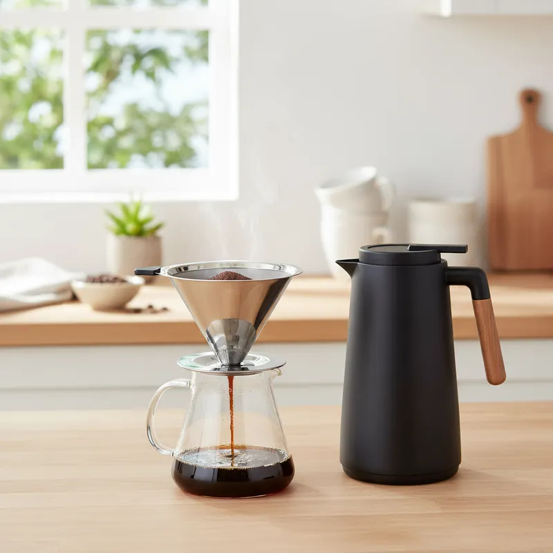 Kit Café Perfeito: Garrafa Térmica 1L Preta + Coador de Café Inox Permanente