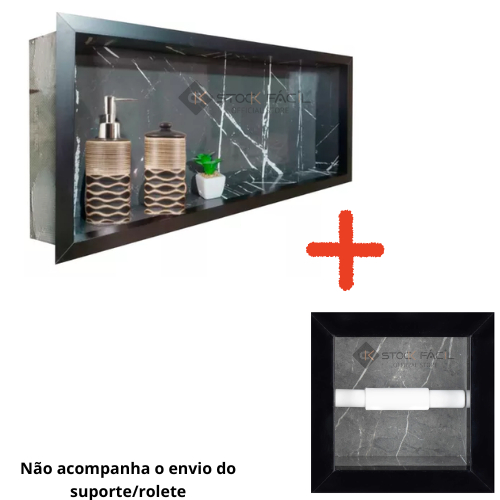 1 Nicho e 1 Porta Papel Higienico Simples Preto Rajado Branco Porcelanato 60x32