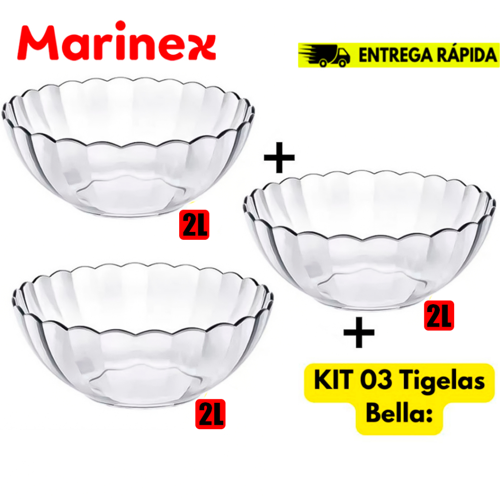 Jogo Kit 03 Saladeira Tigelas Marinex Bella Astral 2L Vidro Temperado Ideal a Receitas Culinária