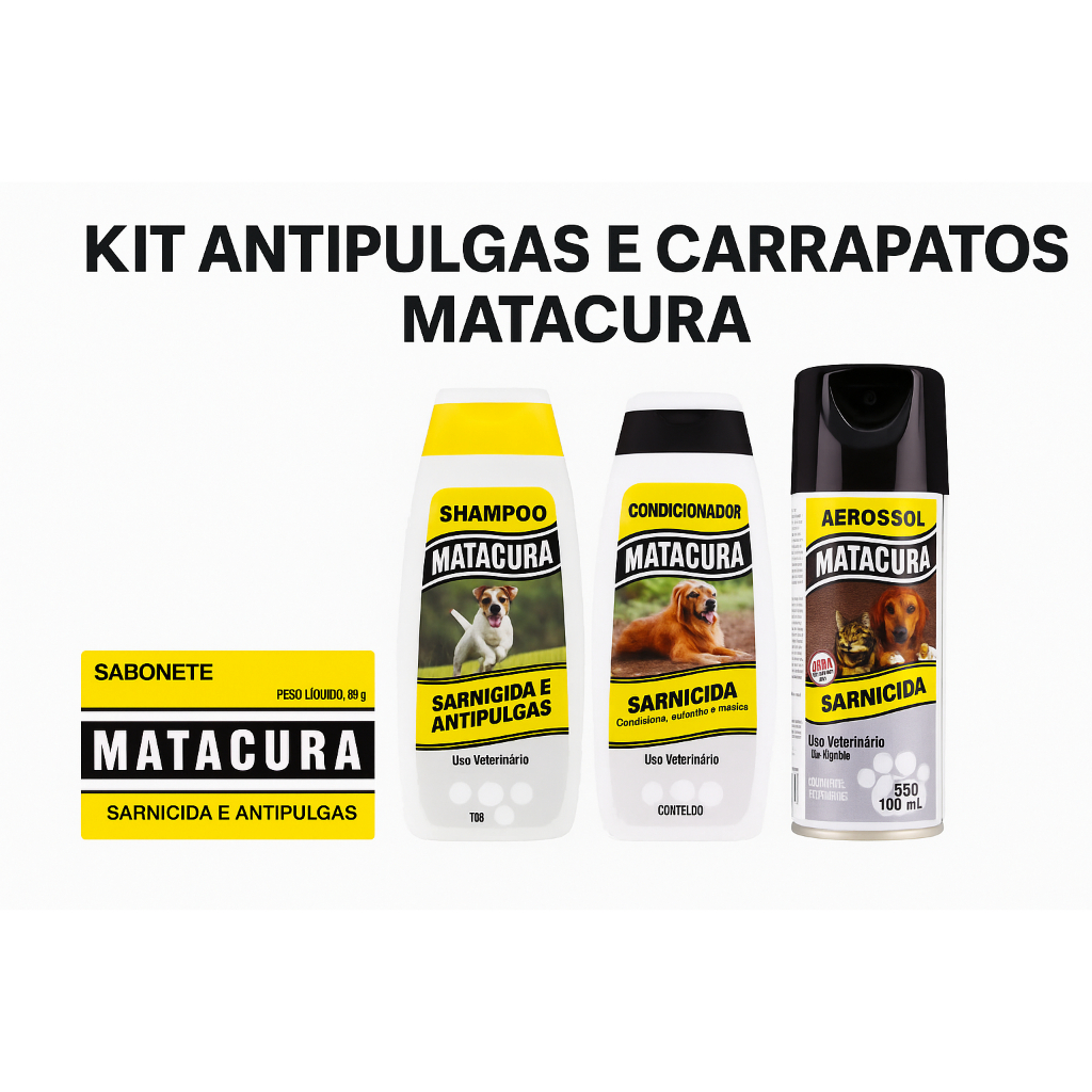 KIT SARNICIDA ANTIPULGAS MATACURA - SABONETE SHAMPOO CONDICIONADOR E SARNICIDA AEROSOL