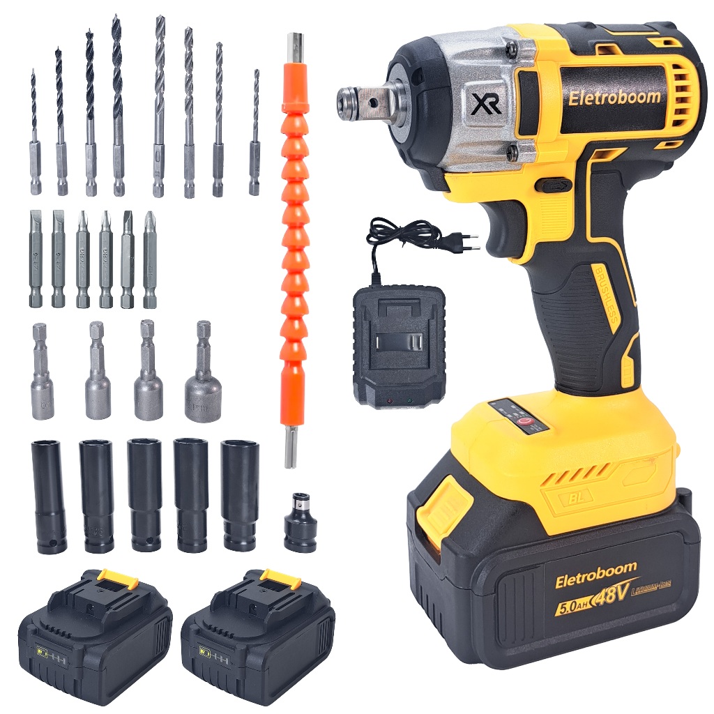 Kit Parafusadeira/Furadeira 48V Chave de Impacto Sem Fio Portátil Recarregável