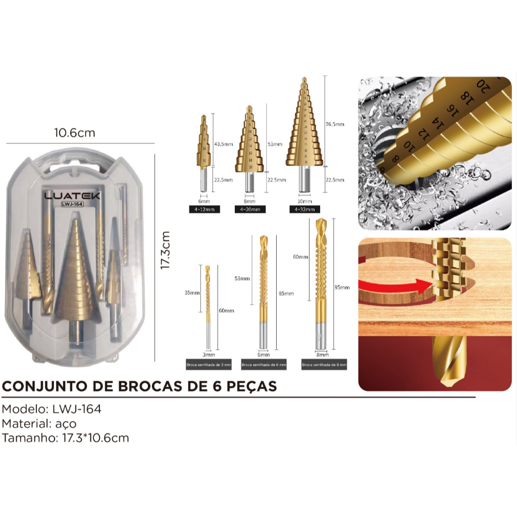 Kit 6 Brocas Titânio Escalonada Cônicas De Titanium Hss 3-12 4-12 -20mm Brocas Hexagonais Cônicas Com Estojo