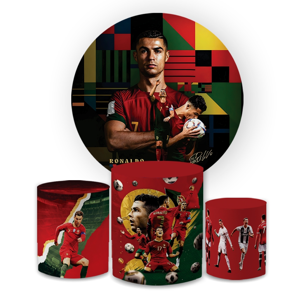 Kit Capa Painel Festivo Redondo +Trio Cilindro Cristiano Ronaldo Decoração Festa Aniversário Veste Fácil