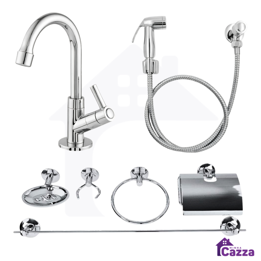 Kit De Banheiro Cromado Com Ducha Higiênica Completa e Torneira Cromada