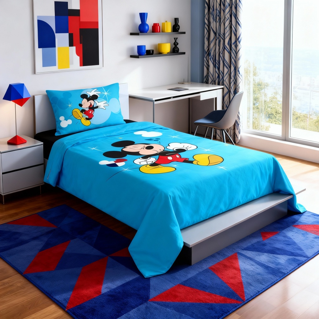 Lençol Cobre Leito Solteiro + Fronha Mickey Blue | Colcha Jogo de Cama Infantil Personagem Estampado