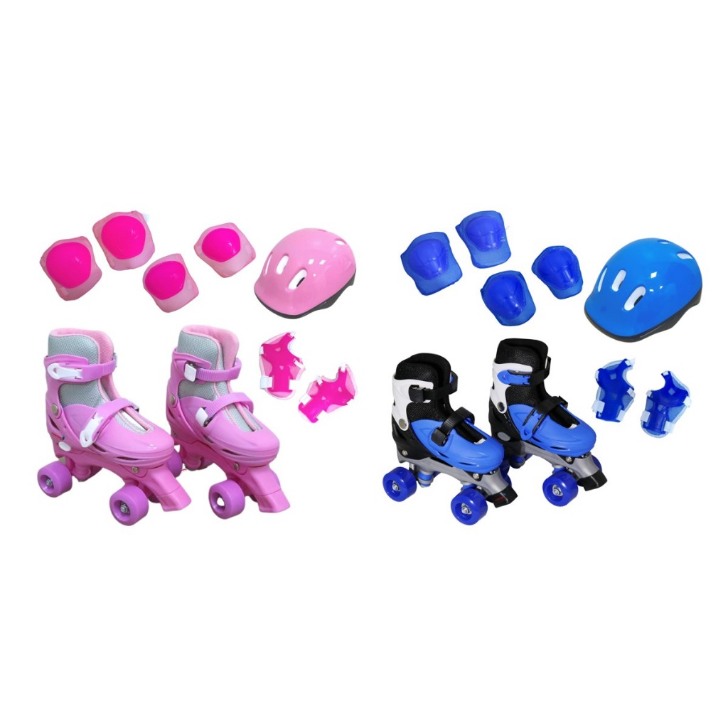 Patins 4 Rodas Roller Infantil Ajustável Com Kit Proteção Completo Capacete Joelheira Cotoveleira Lazer e Diversão