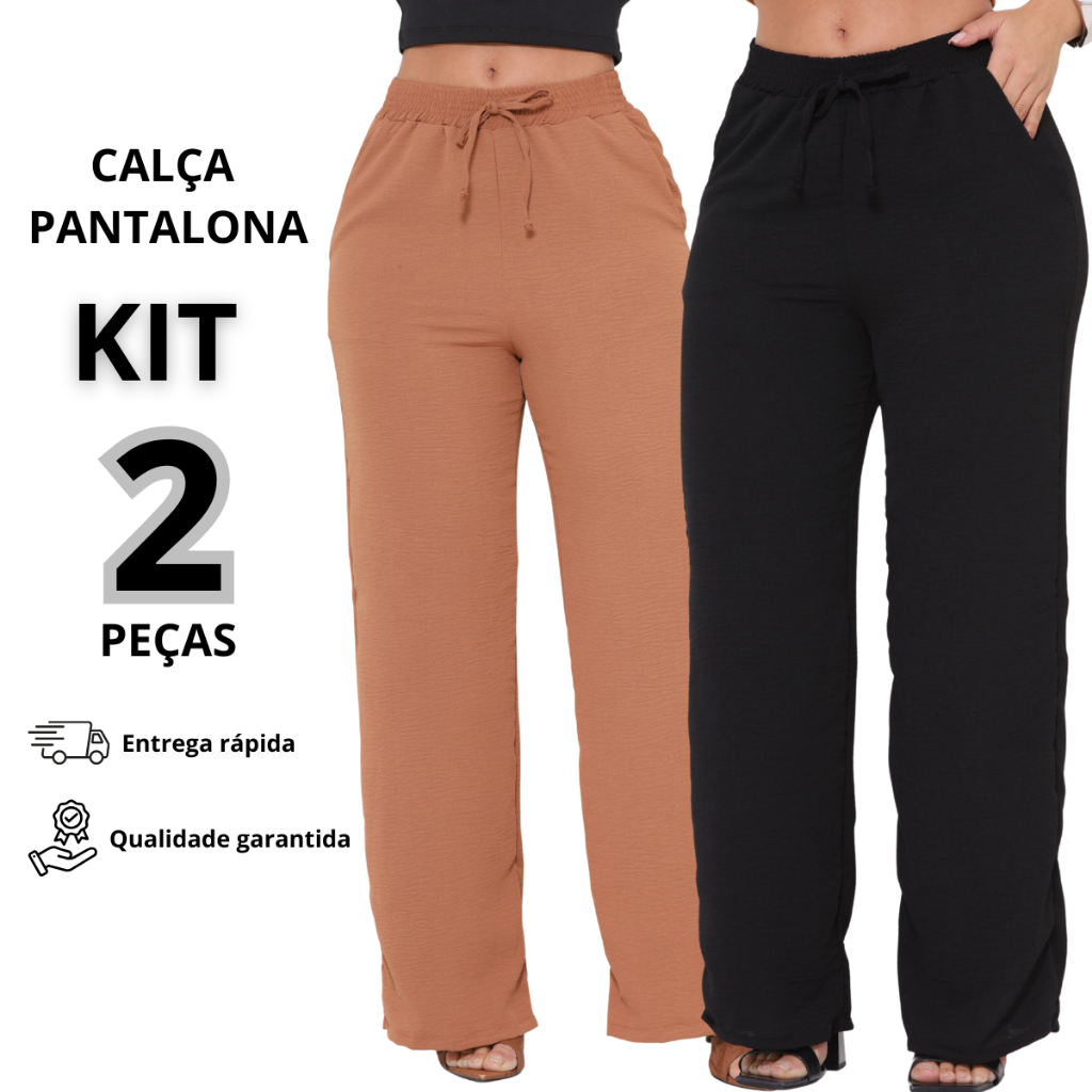 Kit 2 Calças Pantalona Alfaiataria Feminina Duna com Bolso Cintura Alta com Elástico