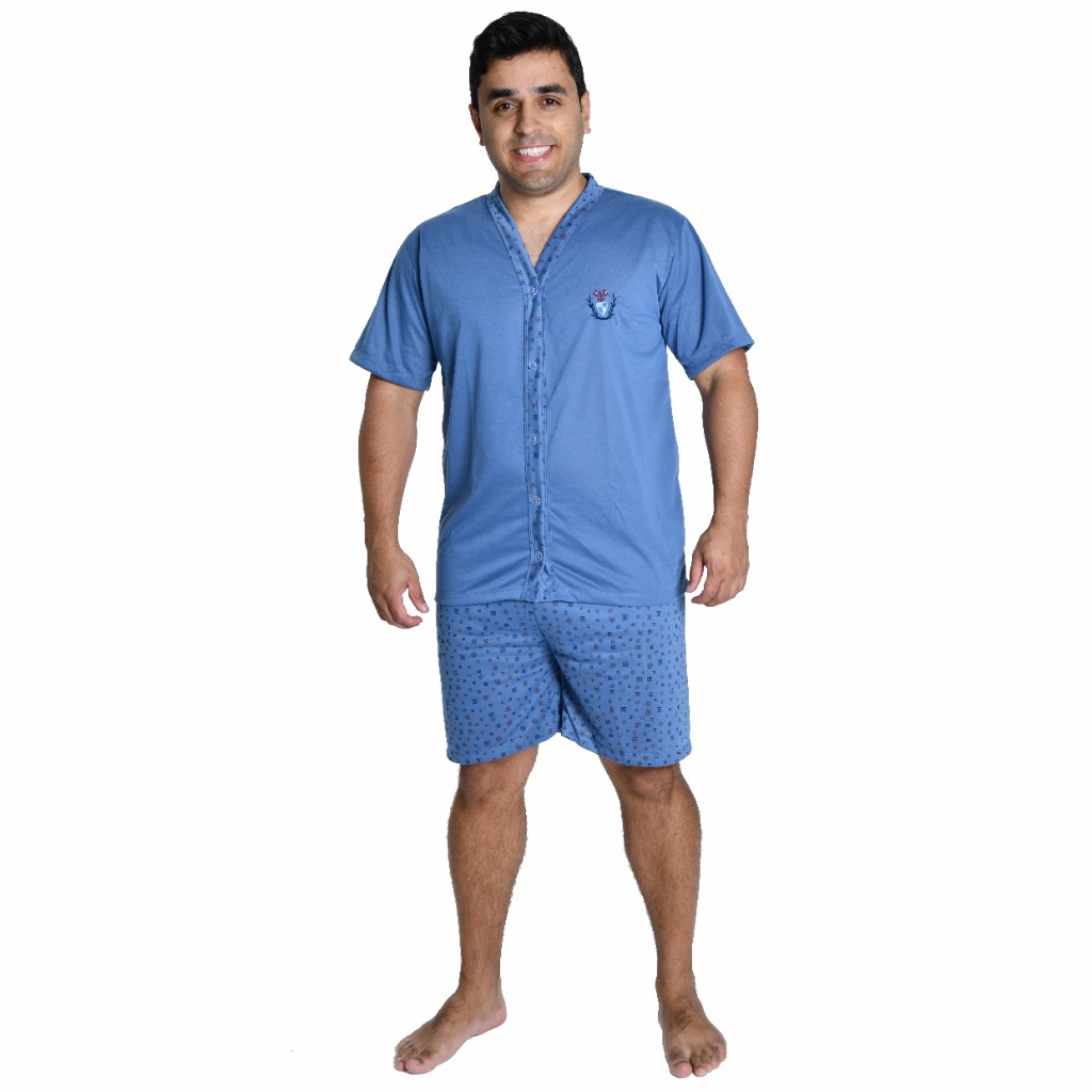 Pijama Curto De Verão Cirurgico Com Botões Aberto No Peitoral Masculino Manga Curta E Short
