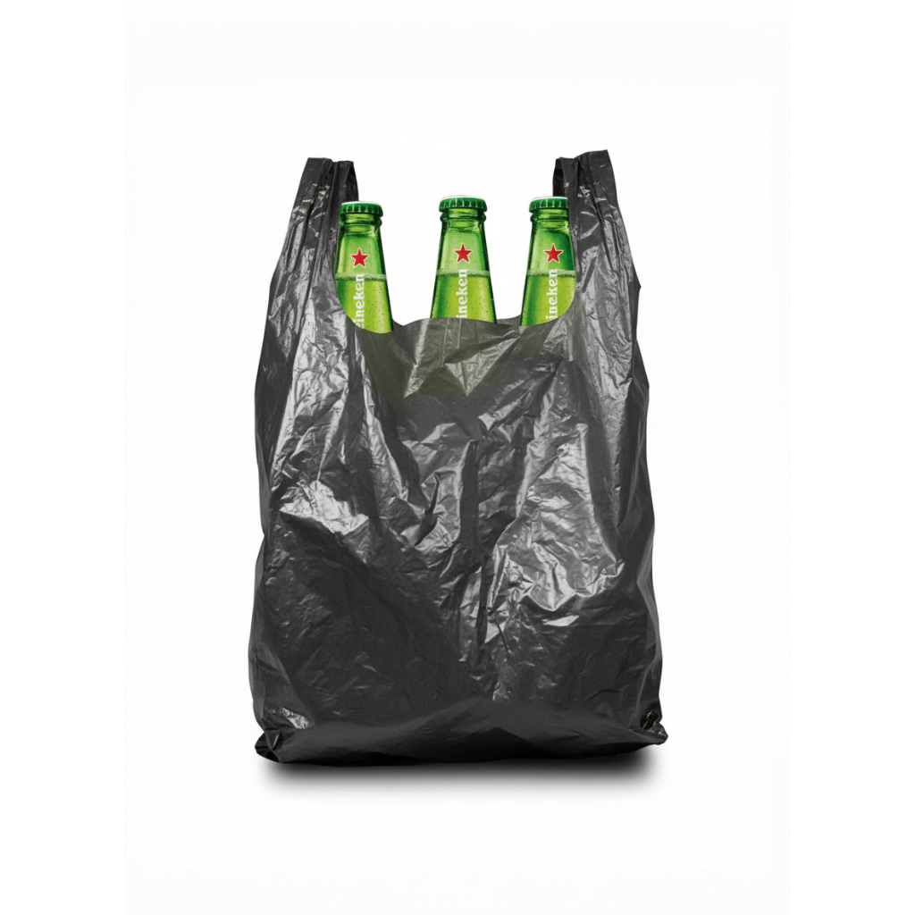 Sacola Plástica Reciclada Reforçada Preta Com 100 Unidades, ideal para adegas, conveniências, lojas