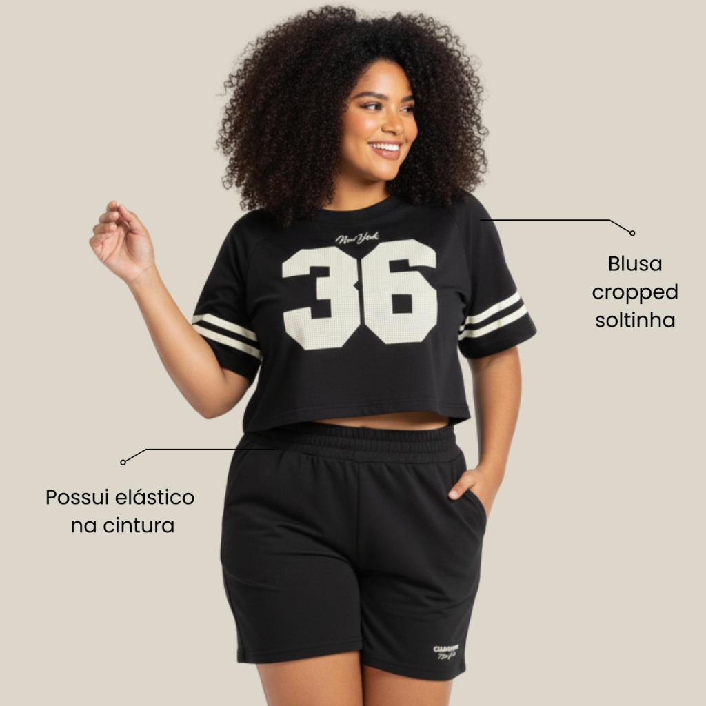 Conjunto Moletinho Plus Size Blusa Cropped Short Casual Com Manga Elegante Para Verão Moda Confortável Grande