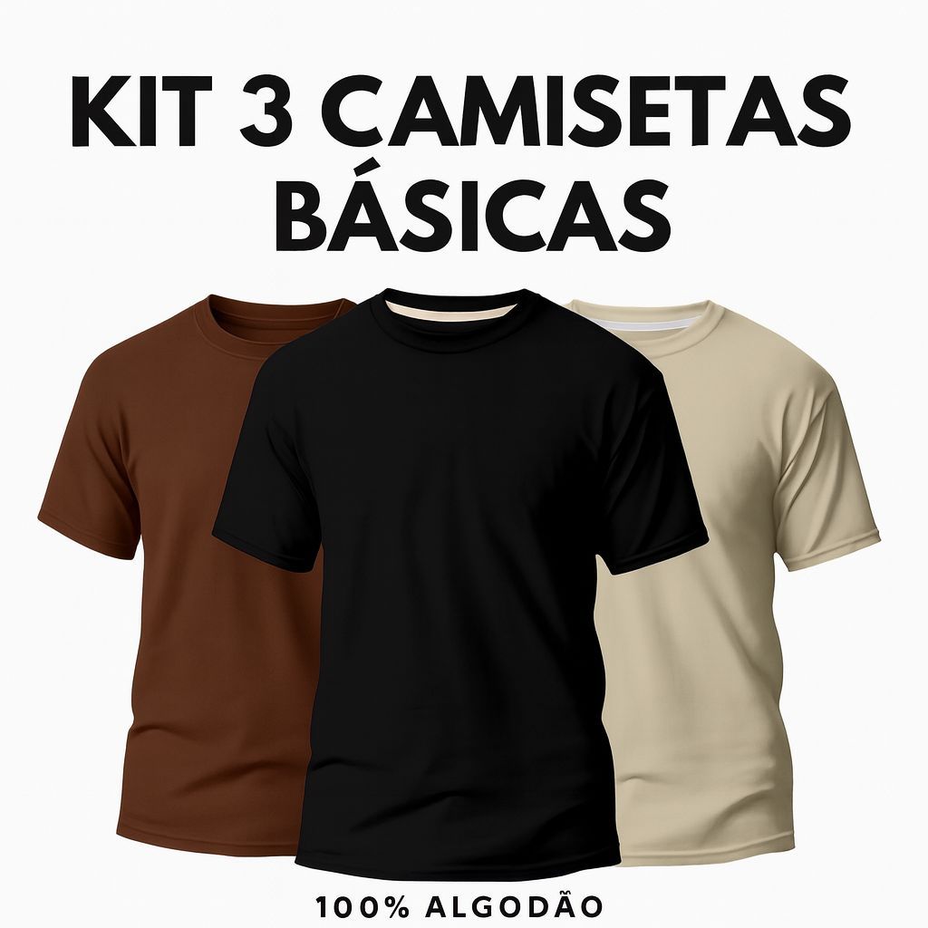 Kit 3 Camisetas Básicas Masculinas Slim 100% Algodão