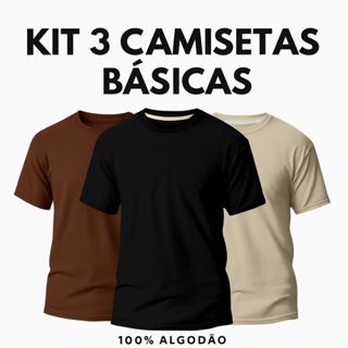 Kit 3 Camisetas Básicas Masculinas Slim 100% Algodão em Oferta na Shopee