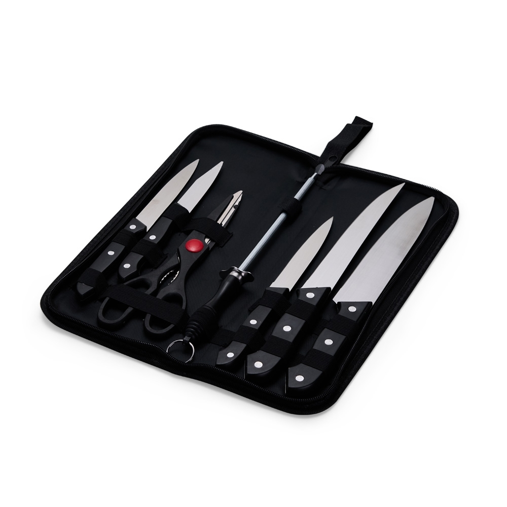 Kit Churrasco Inox 7 Peças com Facas Profissionais, Chaira e Tesoura