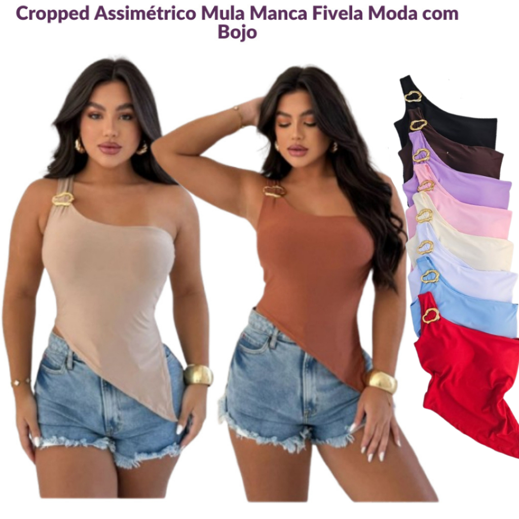 Blusa Cropped Assimétrico Mula Manca Fivela Moda com Bojo