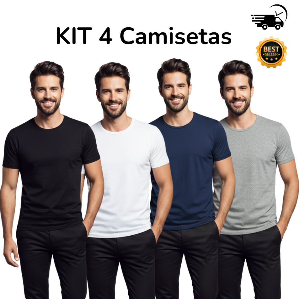 KIT 4 Camiseta Masculina Básica 100% Algodão em Oferta na Shopee
