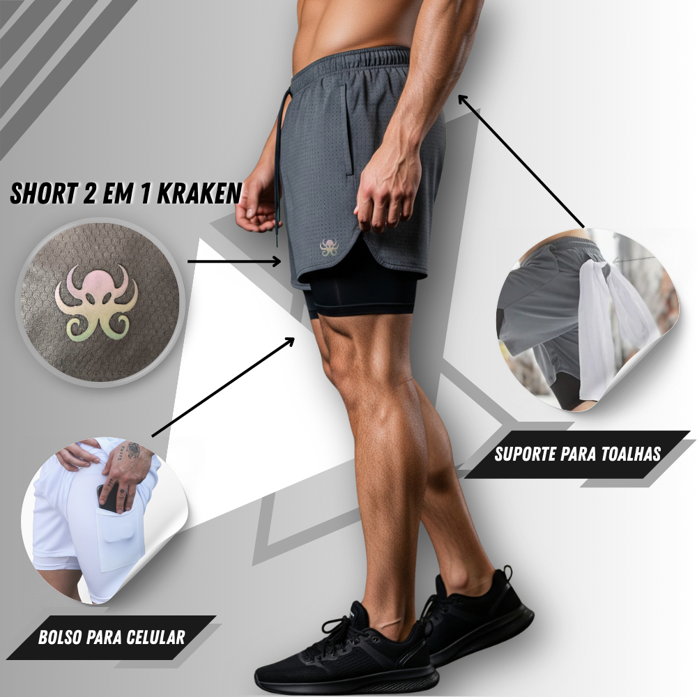 Bermuda Academia 2 em 1 Masculina Kraken com Forro de Compressão em Oferta na Shopee