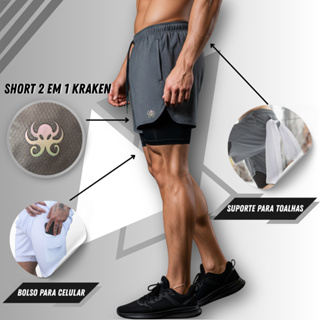 Bermuda Academia 2 em 1 Masculina Kraken com Forro de Compressão em Oferta na Shopee