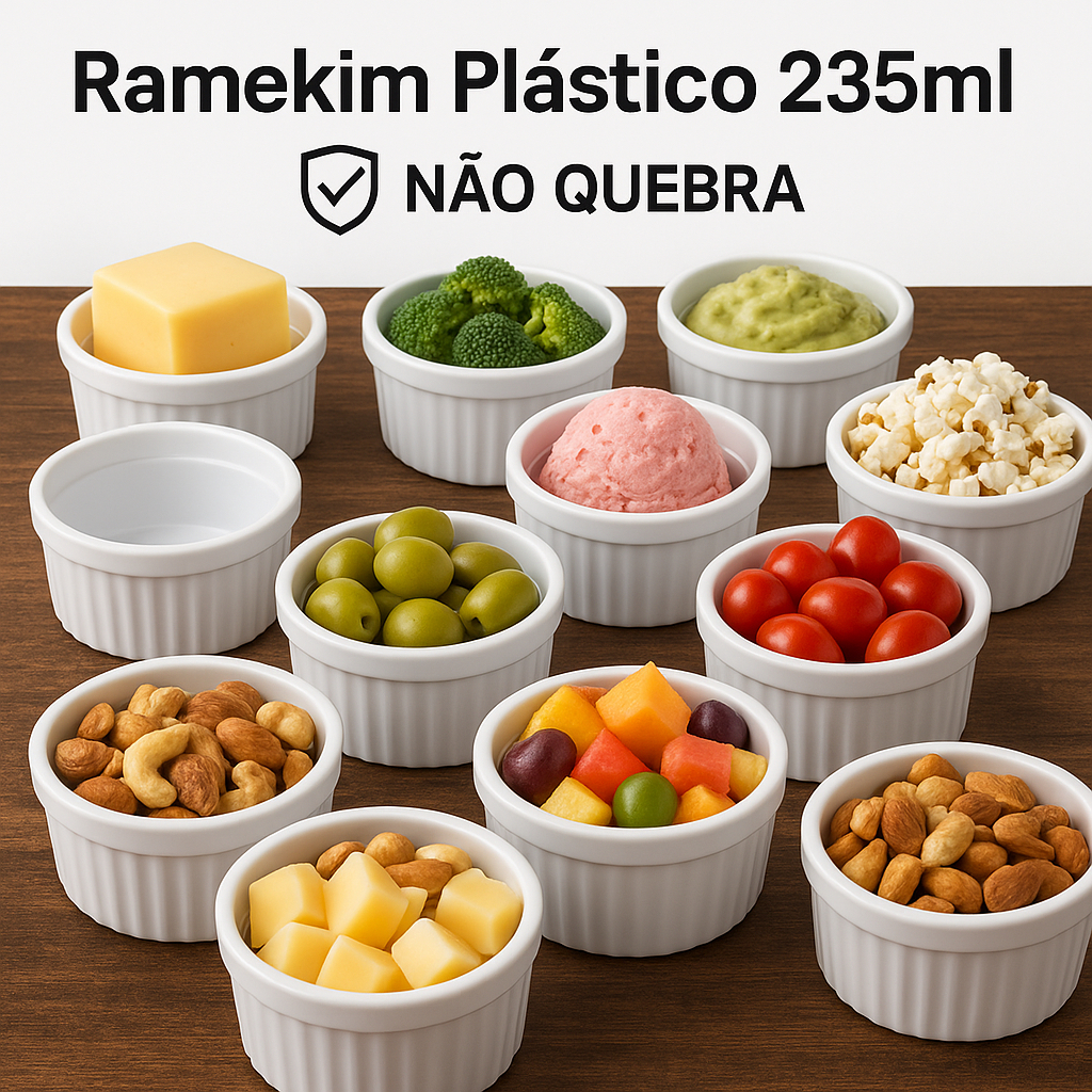 Kit 12 Ramekim Plastico Branco Preto 235ml Não Quebra Empilhavel Resistente Buffet Restaurante