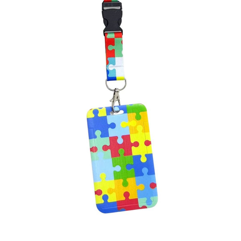 Porta Crachá Azul + Cordão Quebra Cabeça P/ Autista/Autismo
