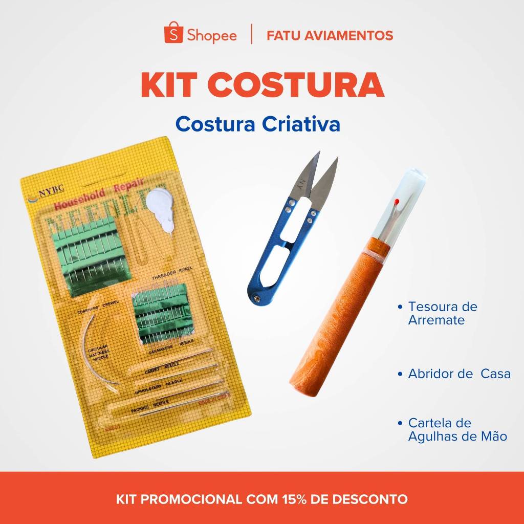 Kit de Costura 26 Agulhas Tesoura de Arremate  Abridor de Casa Compacto, Prático e Econômico