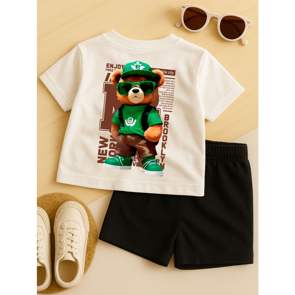 Lançamento Conjunto Infantil Masculino Urso Cartoon Camiseta e short Moda Verão Juvenil Várias Cores