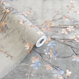 Papel de Parede Alto Relevo Flores e Ramos - Fundo Cinza com Flores Salmão/Azul - Rolo 10m x 53cm - Cola Inclusa em Oferta na Shopee