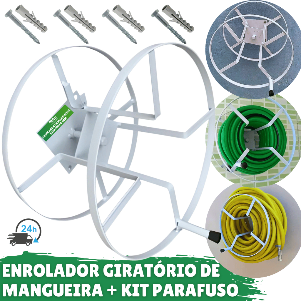 Suporte De Enrolar Mangueira Enrolador Metal Resistente Para Mangueira Até 30 Metros + Kit Parafuso