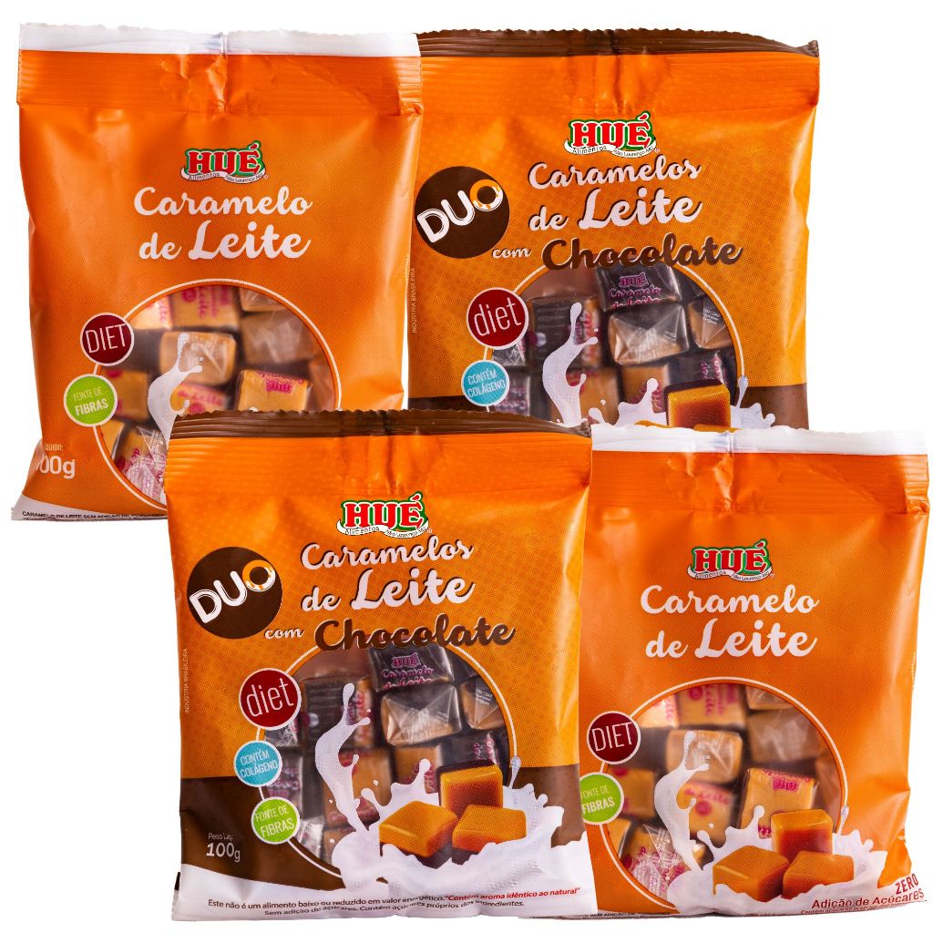 Caramelo De Leite Diet Hué Kit Leite E Chocolate com 4 unidades de 100g