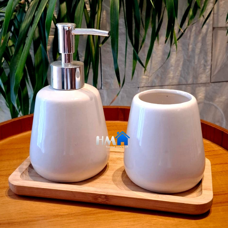 Kit Banheiro Lavabo 2 Peças + Bandeja de Bambu Porta Sabonete Líquido Suporte p/Escovas Em Cerâmica em Oferta na Shopee