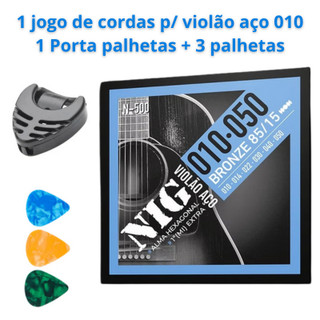 Kit Jogo de Cordas NIG p/ Violao Aço 010 + 1 Porta palhetas + 3 Palhetas