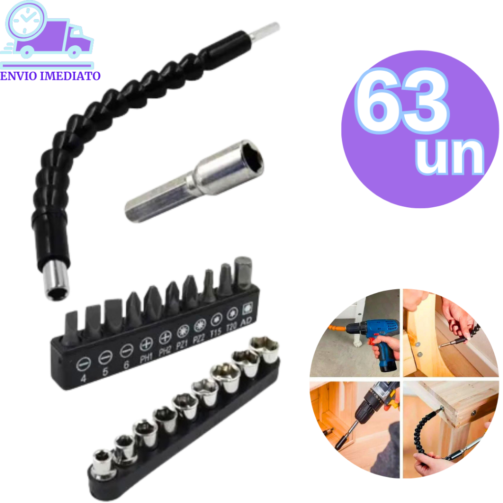 Kit Jogo 63 Peças Extensão Eixo Prolongador Cabo Extensor Adaptador parafusadeira ou furadeira