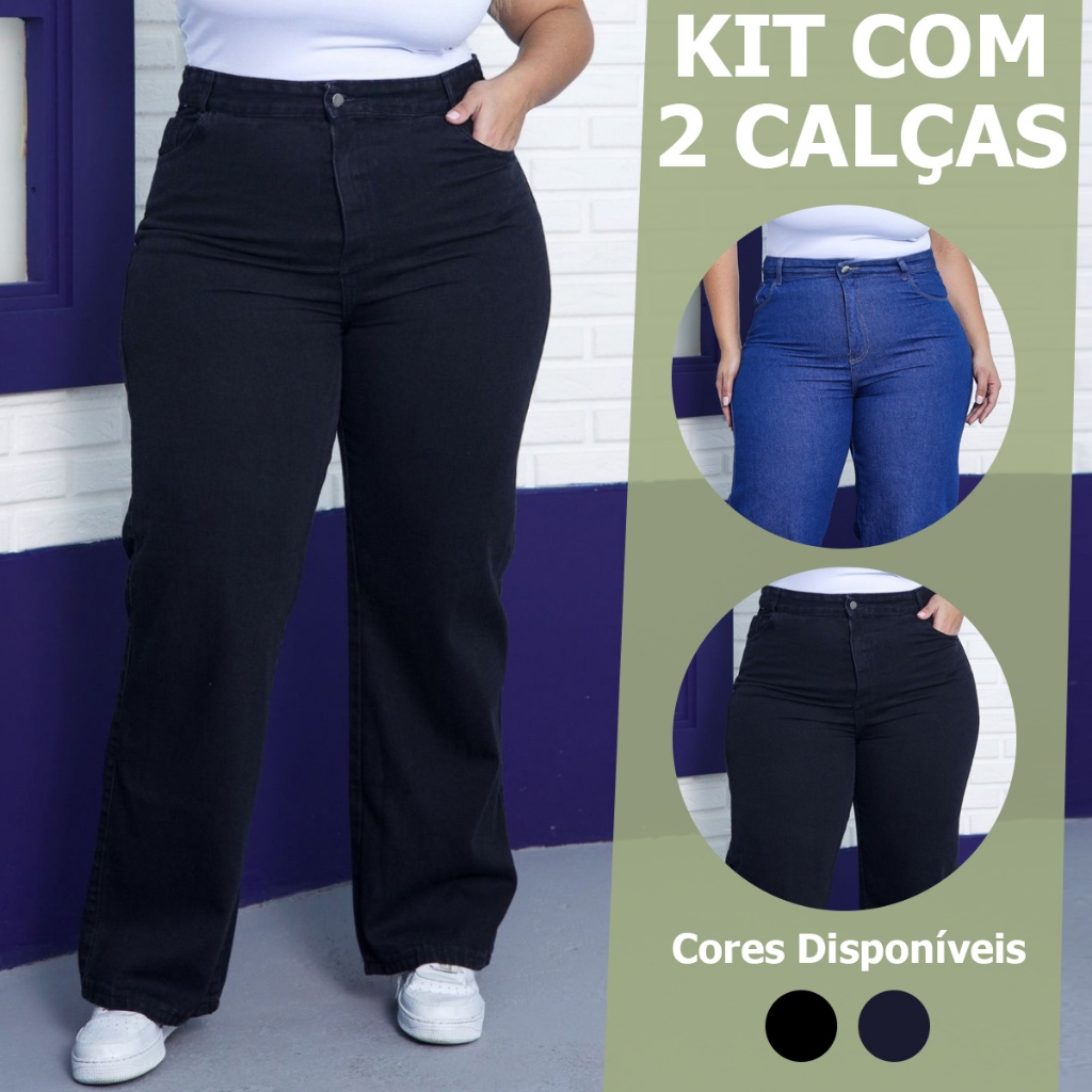Calça Wide Leg Plus Size Jeans Feminina Cintura Alta Pantalona Moda Casual em Oferta na Shopee