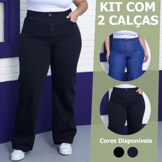 Calça Wide Leg Plus Size Jeans Feminina Cintura Alta Pantalona Moda Casual em Oferta na Shopee