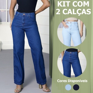 Calça Wide Leg Jeans Feminina Cintura Alta 100% Algodão Premium Com Bolsos em Oferta na Shopee
