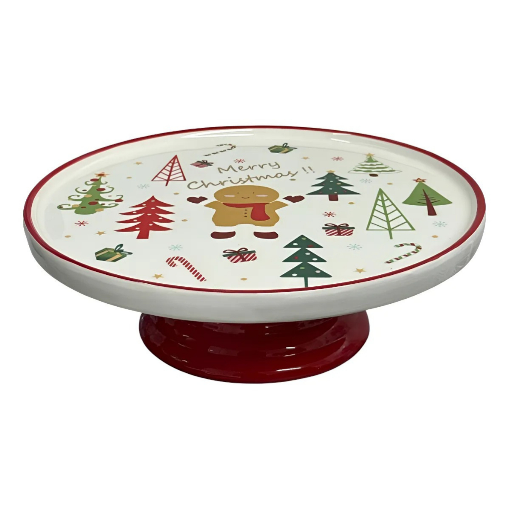 Porta Bolo Panetone 23cm Em Cerâmica Noel  Merry Chistimas