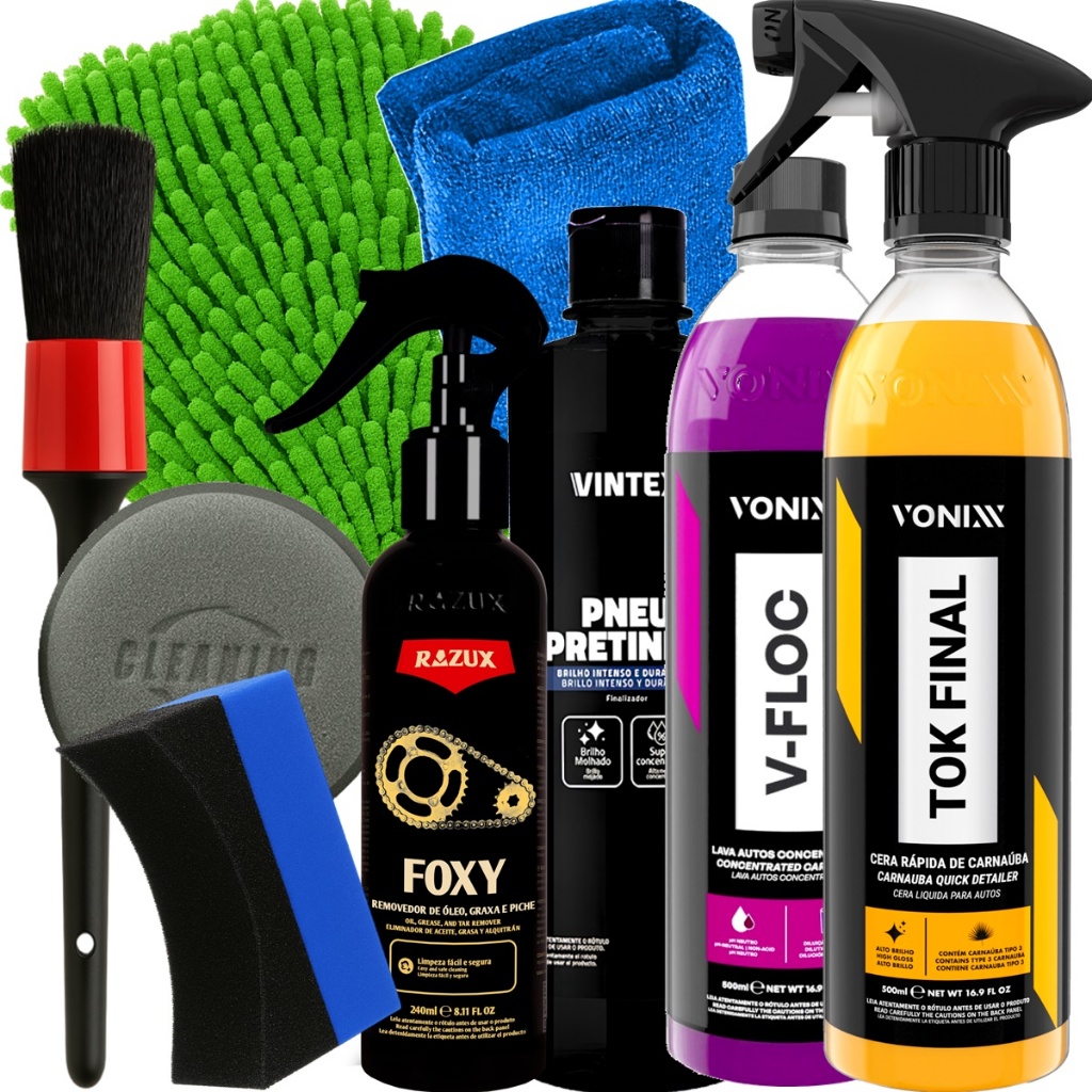 Kit Vonixx Limpeza Completa Shampoo V-Floc Cera Tok Final Desengraxante Foxy Razux Pneu Pretinho Vintex Acessório Karbox em Oferta na Shopee