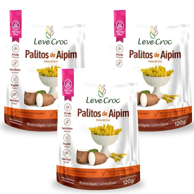 3 Biscoitos Palito Salgados Aipim Leve Croc Sem Glúten 120g