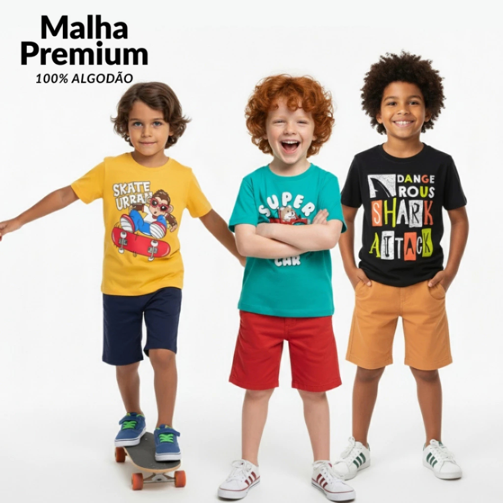 Kit Sortido 5 Camisas Infantil Masculino Menino Algodão Camiseta Manga Curta Verão Tamanho 02 ao 14