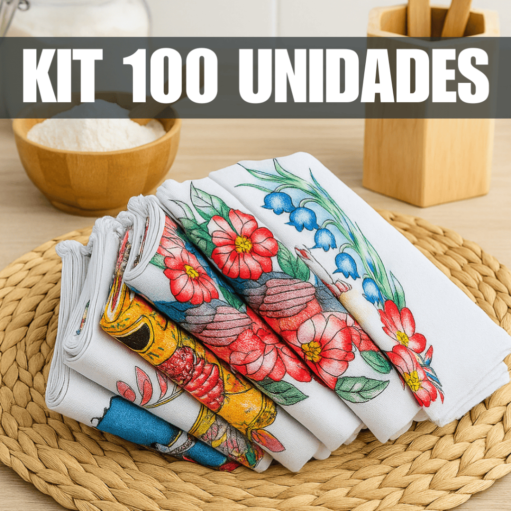 Kit 100 Panos de Prato Atacado – Estampado, 100% Algodão 60x35cm, Revenda Lucrativa