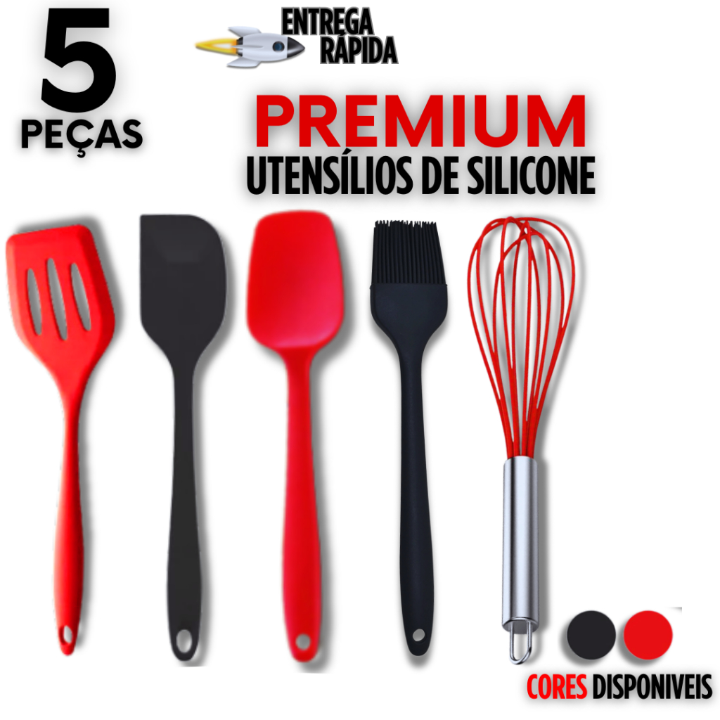 Kit Silicone 2 Espátula + Espátula Vazada + Pincel + Fuê Variáveis Utilidades Multiuso Premium
