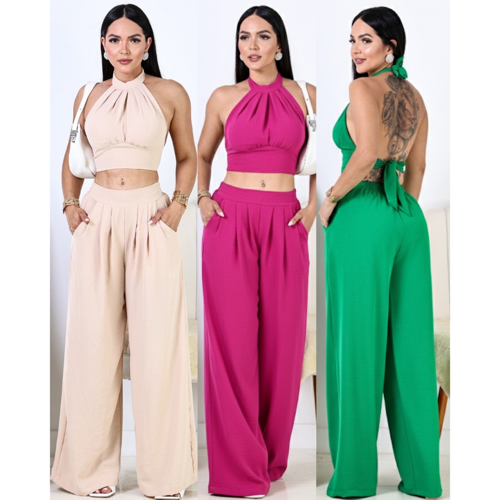 Conjunto Pantalona Feminina Cropped Duna Confortável Estilo só em Oferta na Shopee