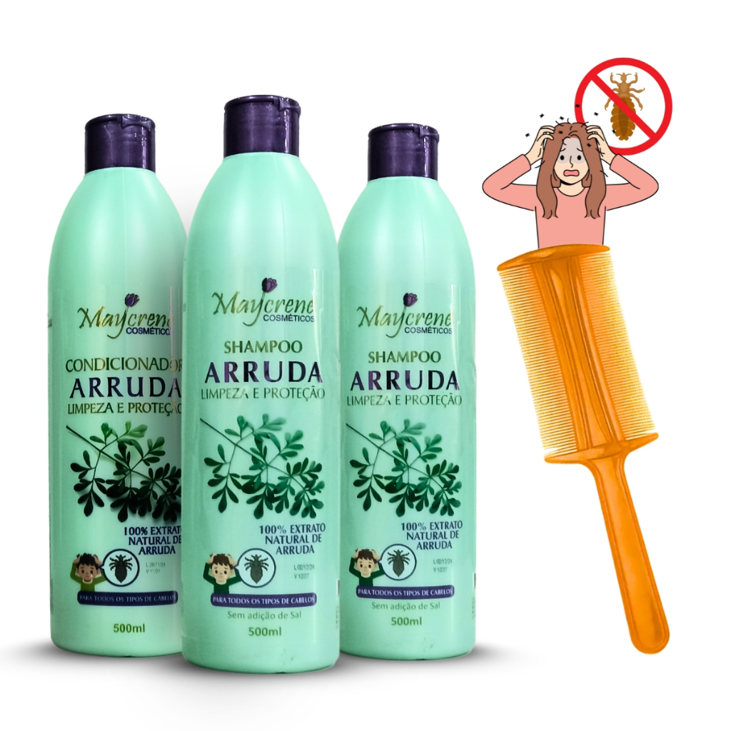 Kit Extrato de Arruda Maycrene (2 Shamp + 1 Cond) 3x500ml - Proteção contra Piolhos (+ 1 Pente Fino)