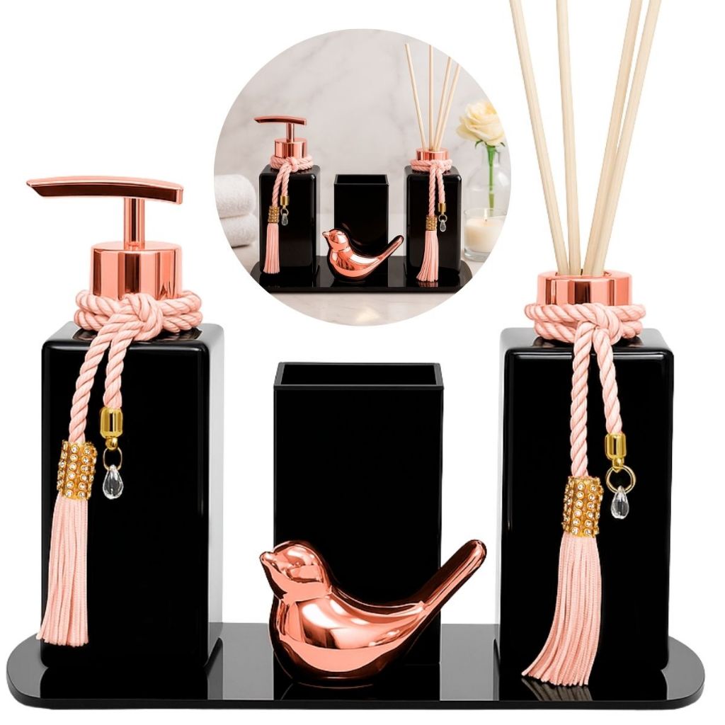 Kit Lavabo Luxo Preto Com Bandeja De Vidro Vaso Quadrado E Passarinho Decorativo · foto 2