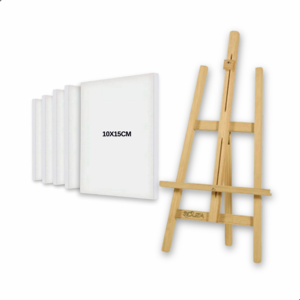 Kit 5 Telas de Pintura Souza com Cavalete de Mesa em Madeira Pinus Natural para Artistas Estudantes