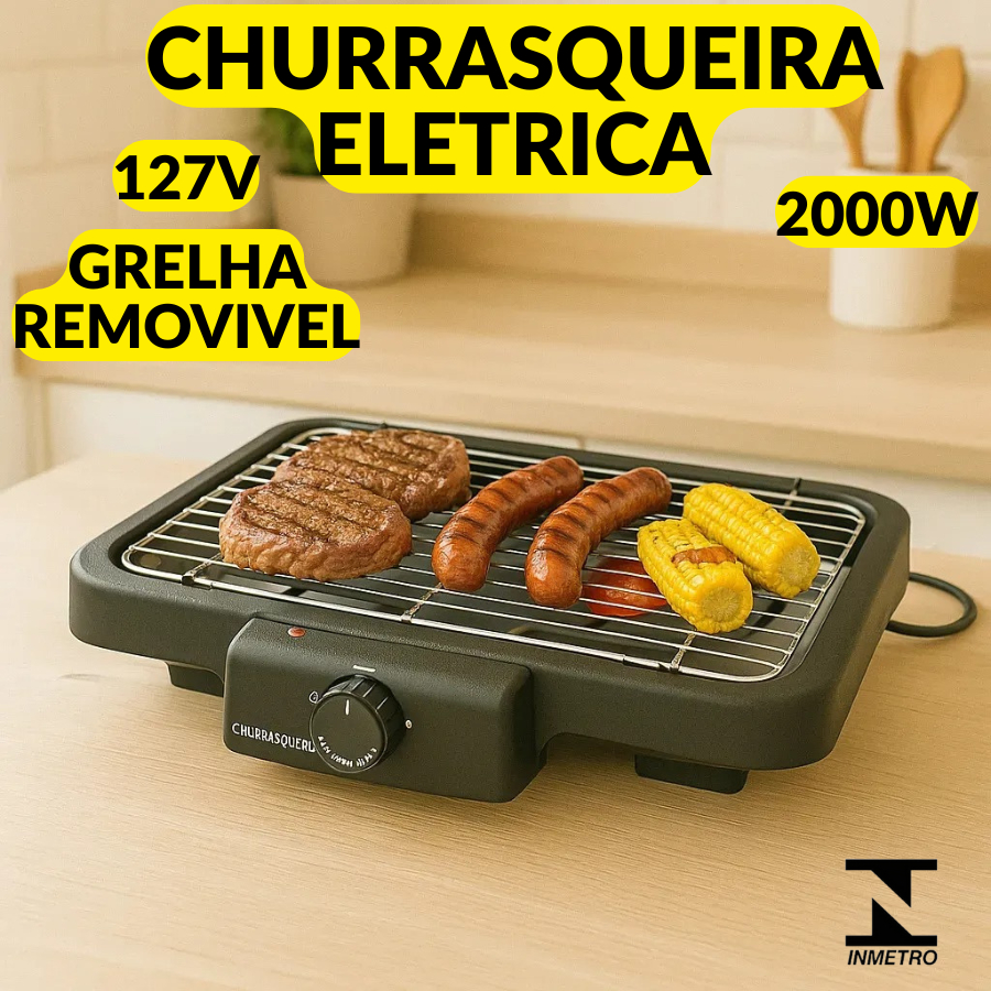 Churrasqueira Eletrica 40,7x34,5cm 127V 220V Compacta Com Controle De Temperatura Grelha Removível