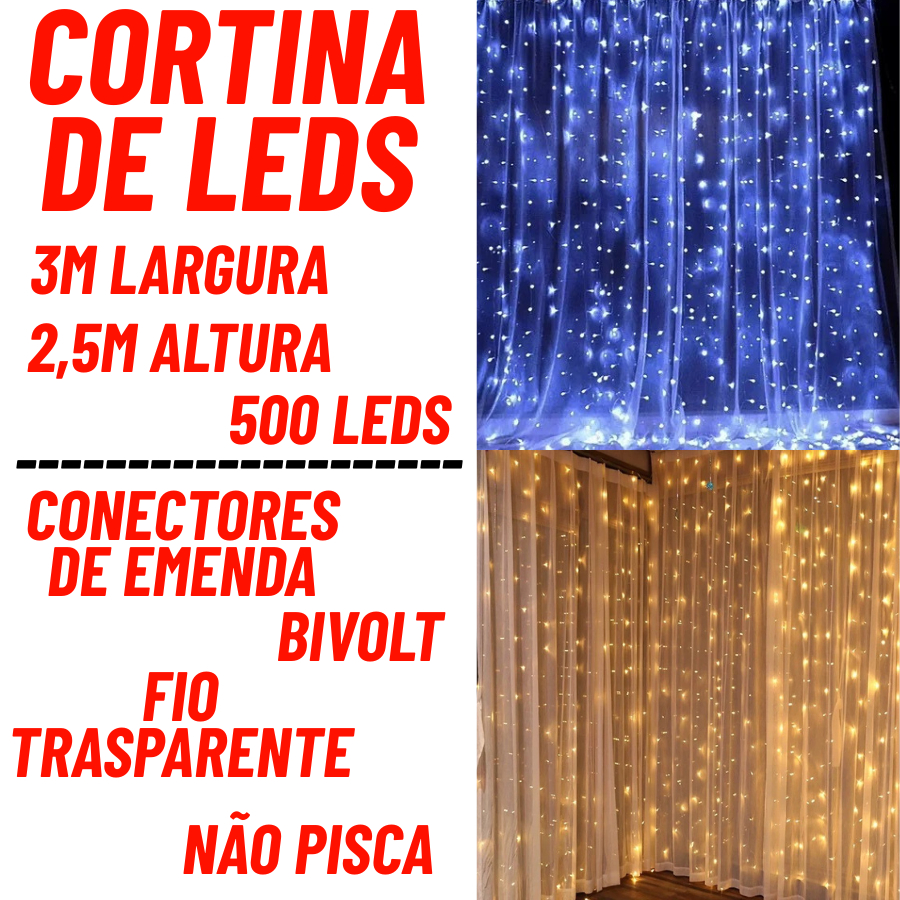 Cortina De Led 3x2,5m 500 Leds Fio Transparente Externo Bivolt Conectores de Emenda