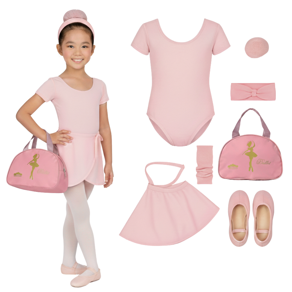 UNIFORME COMPLETO Kit Ballet Infantil 7 Itens c/ BOLSA + Collant Meia Manga + Saia Cós Balé e Sapatilha Bailarina ROSA em Oferta na Shopee