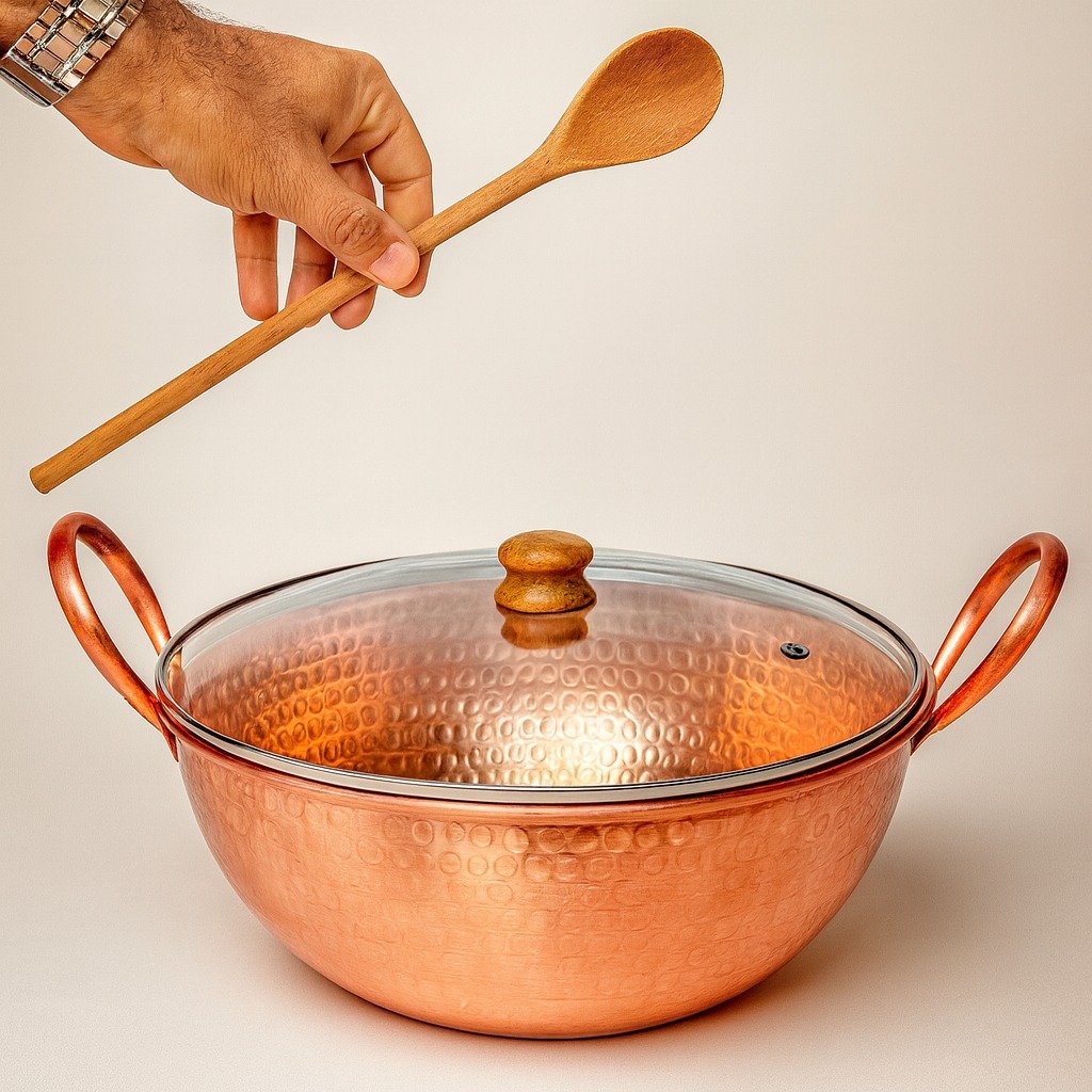 Tacho de cobre 5 Litros com alças de cobre e tampa de vidro+Colher de Madeira de Brinde em Oferta na Shopee