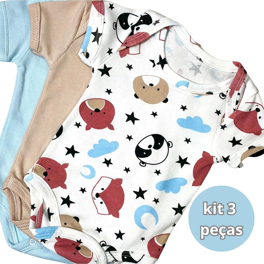 Kit 3 Body Manga Curta Estampado+Liso  Roupa de  Bebê Malha Canelada Algodão Menino Enxoval em Oferta na Shopee