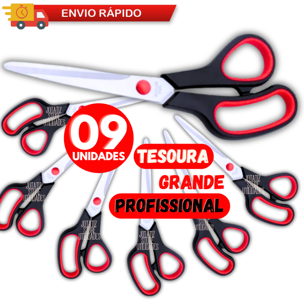 Conjunto 9 Tesoura GRANDE 9,5'' Inox Ultra Afiada 24Cm P/ Cozinha Costura Tapeceiro Escola Artesanato Mecânica Industria
